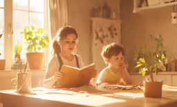 two children are sitting at a table while reading a book