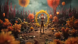 a person standing in an underwater scene with plants and rocks