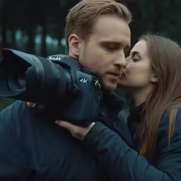 a man and woman are kissing while taking a photograph