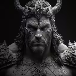 an evil looking man wearing spiked helmets and armor