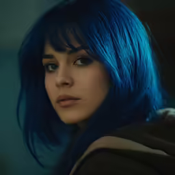 a close - up photo of a woman with blue hair