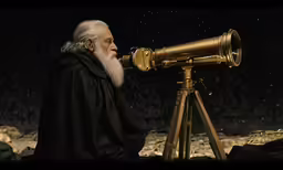 a man in black robes with a large telescope