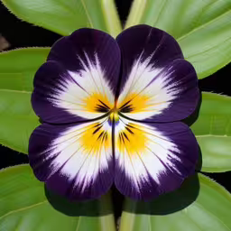 a purple and yellow flower with green leaves,an image of a flower that is in the middle of some leaves