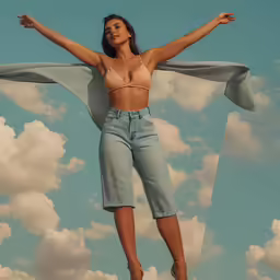a woman with one leg raised on the clouds