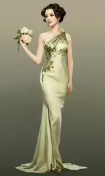woman in a green gown holding flowers