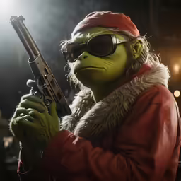 an adult man wearing sunglasses and a red hat, holds a shotgun