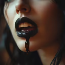 the lips of a woman are dripping from chocolate