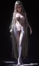 the naked woman is posing naked and walking down a dark background