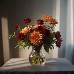 a vase filled with red and orange flowers