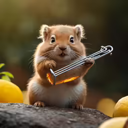 a squirrel holding a fork in its mouth