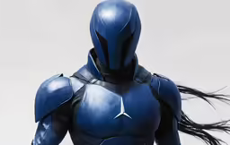 a man dressed in blue armor has long hair flowing in the wind