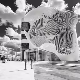 the outside of a building with cloudy sky in the background