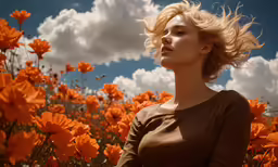 a beautiful young woman with her hair in the wind in front of a flower field