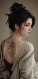 woman with back tattoo saying love on top of her