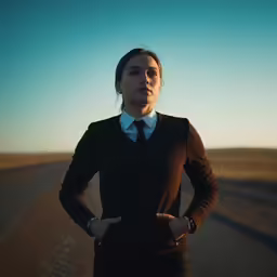 a woman standing in the middle of an empty road
