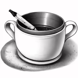 a black and white photo with a cup and a toothbrush