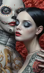 a woman in a skeleton makeup make up with roses