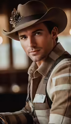 a man wearing a tan hat with a flower on top of it