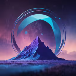 a mountain is shown in the middle of a graphic art work,two circular pictures with one mountain and the other with a sky background