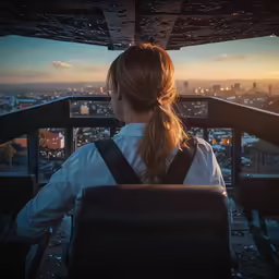 a young woman sitting on top of a building in the evening