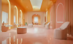 a big room with lots of windows and different seating arrangements