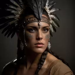 a young woman wearing feathers and chains on her head