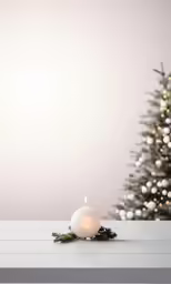 a white lit candle surrounded by a small christmas tree