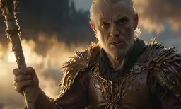 the witch with white hair is holding a spear