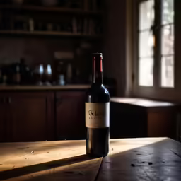 a bottle of wine sitting on a wooden table