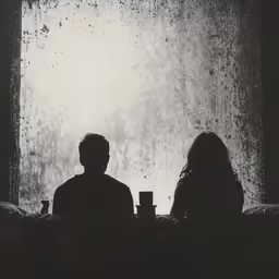 silhouettes are seen against a window with rain sprinkles