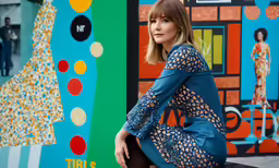 the young model is posing in front of an art display