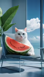 a white cat is sitting on a chair next to a watermelon