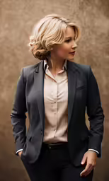 a woman with blonde hair in a suit posing for a picture