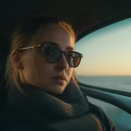 a girl wearing sunglasses, in the back seat of a car