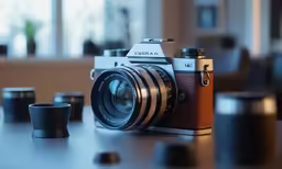 the old camera is sitting on a wooden table