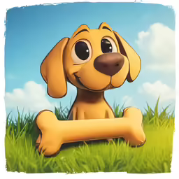a dog that is sitting in the grass with a bone