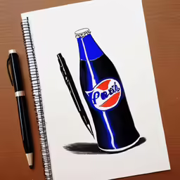 an illustration of a pepsi bottle on a wooden surface