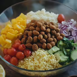 nuts, cheese, corn, broccoli and tomatoes in a glass bowl