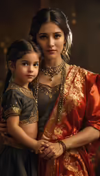 a young girl is holding the shoulders of her mom