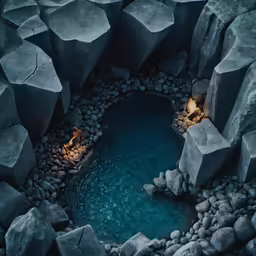 some rocks near a lake and lights in the rocks