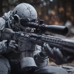 a person in grey uniform with a gun on their lap