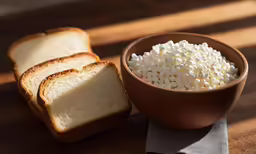 a brown bowl filled with bread and a few other slices of toast