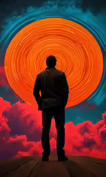 the man is standing in front of an orange circle