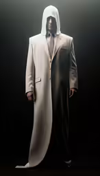 man in a trench coat with hood and white shirt standing in the dark
