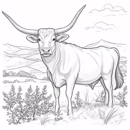an adult longhorn cow standing in a field with mountains and clouds behind it