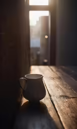 a white sauce pitcher sitting on top of a wooden table
