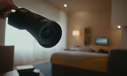 a person holding up a digital camera inside a room