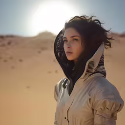 there is a woman wearing a jacket standing in the sand