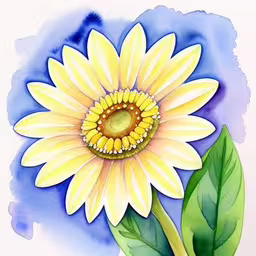 a yellow sunflower with green leaves and watercolor paints,a flower is drawn in watercolor on paper
