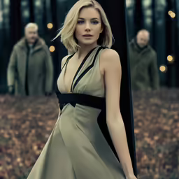 the blonde woman is dressed in an unusual dress